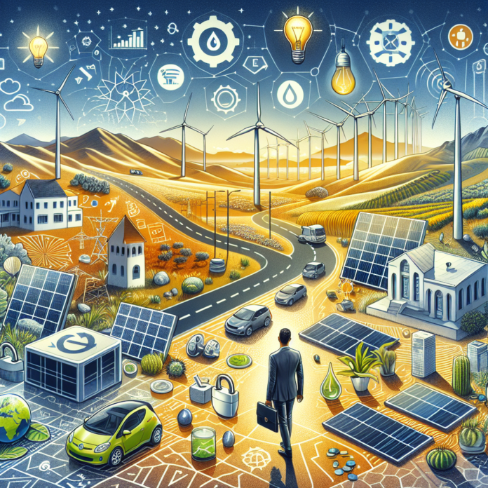 Sustainable energy landscape with wind turbines, solar panels, electric vehicles, and smart technology integration.