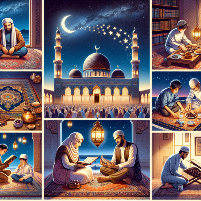 Muslim family praying and reading the Quran at night, surrounded by a mosque, celebrating Ramadan traditions.