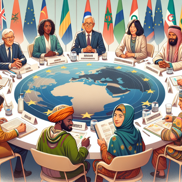 International delegates discussing global cooperation at a round table, featuring flags and a world map.