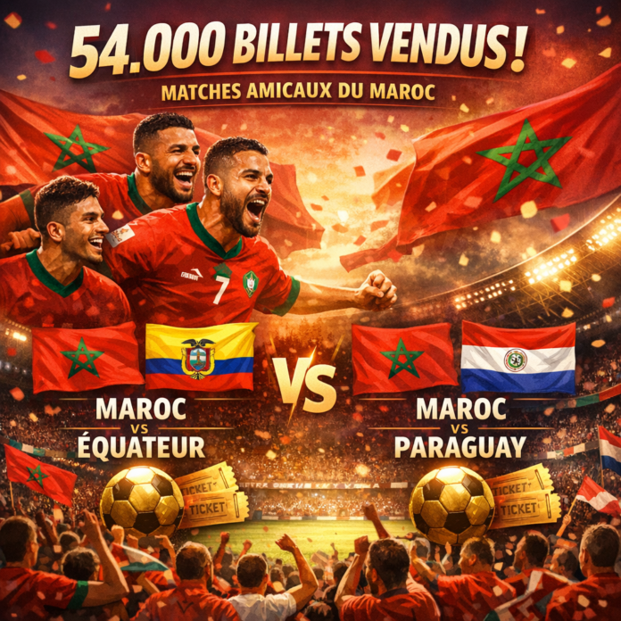 Exciting graphic showing ticket sales for Morocco's friendly matches against Ecuador and Paraguay, totaling 54,000.