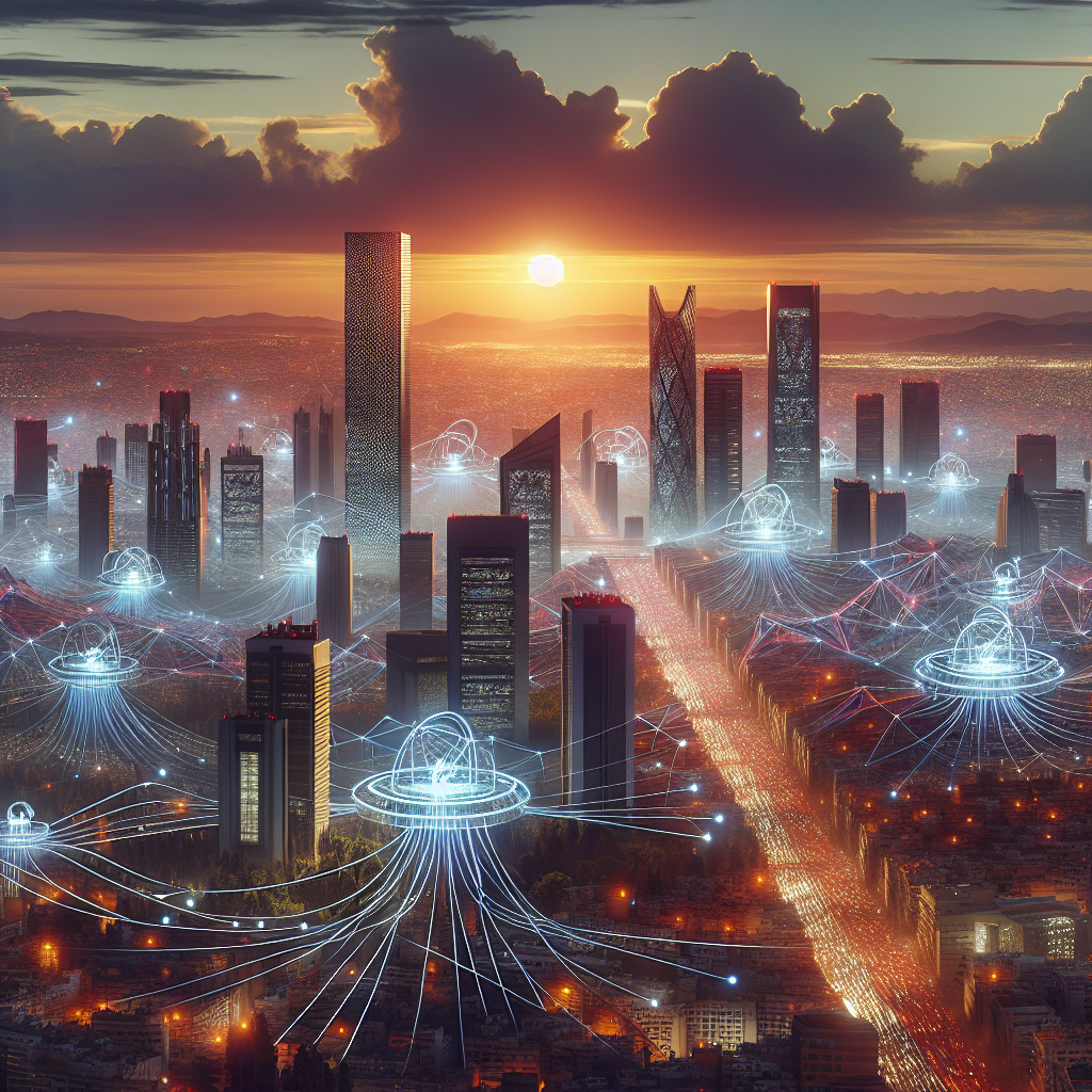 Futuristic African city skyline at sunset with glowing data network nodes symbolizing growing data centre capacity.
