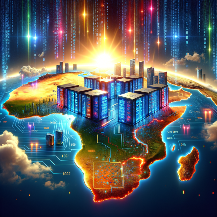 Futuristic data center and digital network glowing over map of Africa, highlighting Morocco as a key hub.