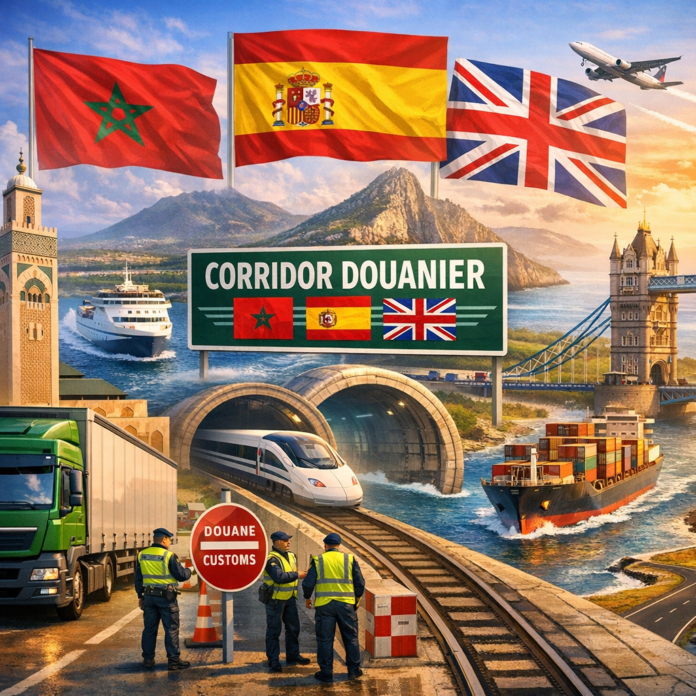 Customs corridor illustration showing transport links and landmarks between Morocco, Spain, and the UK.