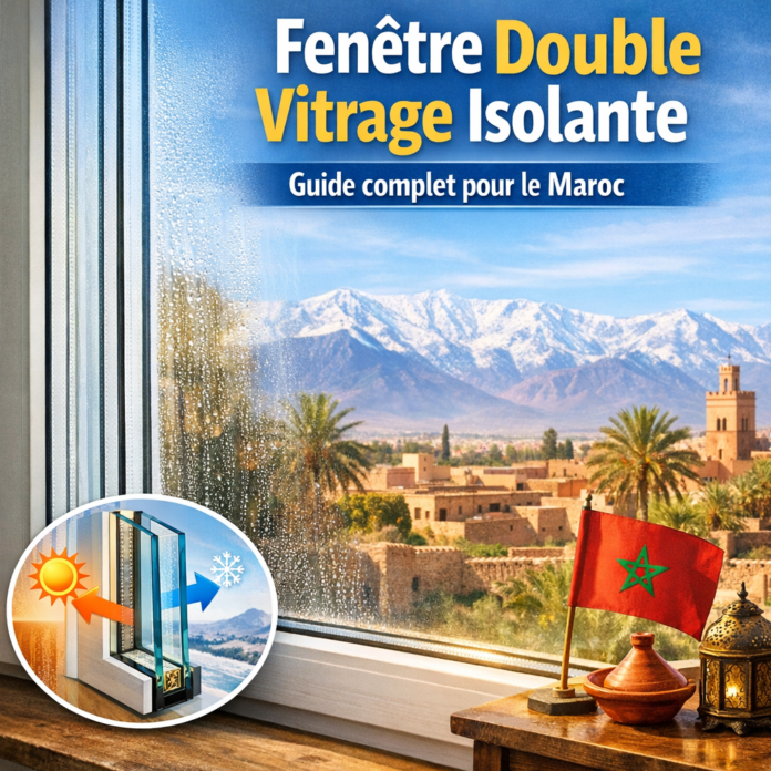 Fenêtre double vitrage isolante avec vue sur un paysage marocain, illustrant les avantages pour les propriétaires.
