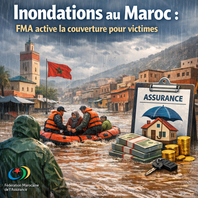 Flood relief efforts in Morocco, highlighting support from the Moroccan Insurance Federation for affected victims.