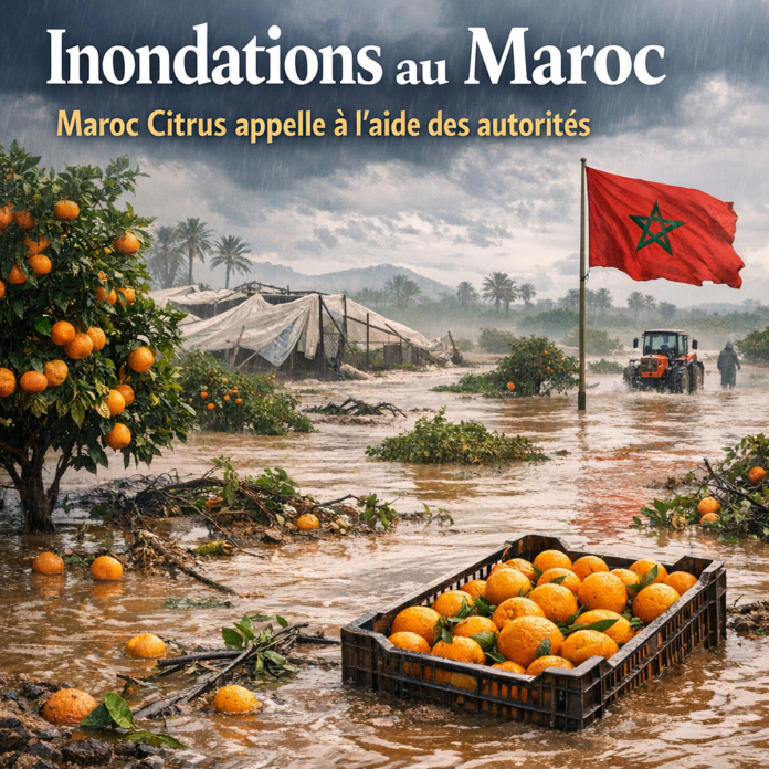 Flooded citrus farm in Morocco with a Moroccan flag, highlighting the need for government aid.
