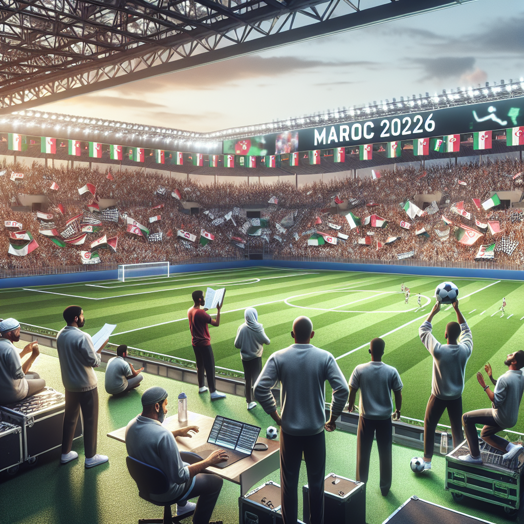 Crowded soccer stadium with fans and media, highlighting anticipation around Morocco's 2026 team technical staff.