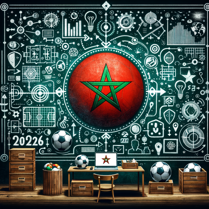 Creative workspace showing Moroccan flag and soccer tactics chalkboard for 2026 World Cup planning.