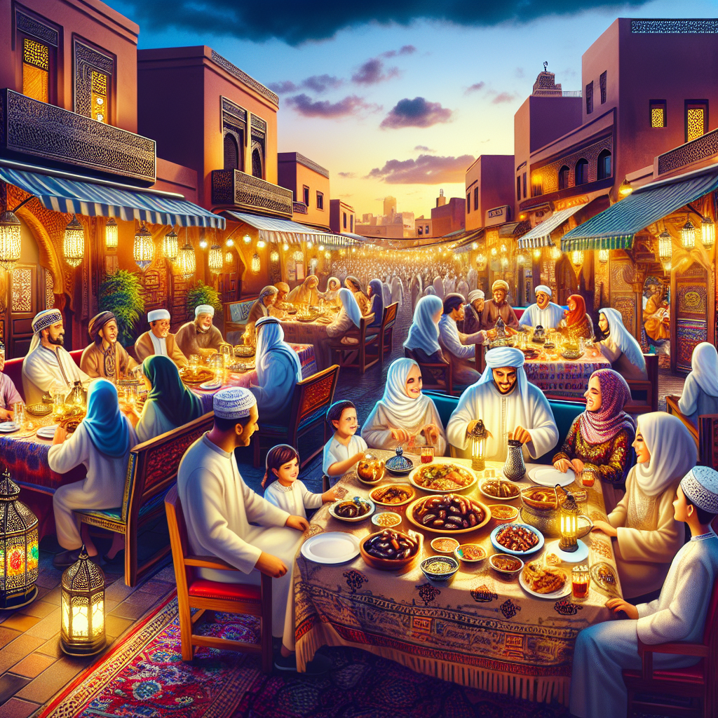 Families enjoying a traditional ftour meal outdoors at sunset in Marrakech during Ramadan.