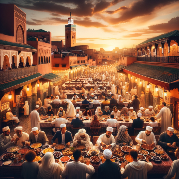 Marché marocain animé au coucher du soleil, avec des personnes dégustant le ftour à Marrakech pendant Ramadan.