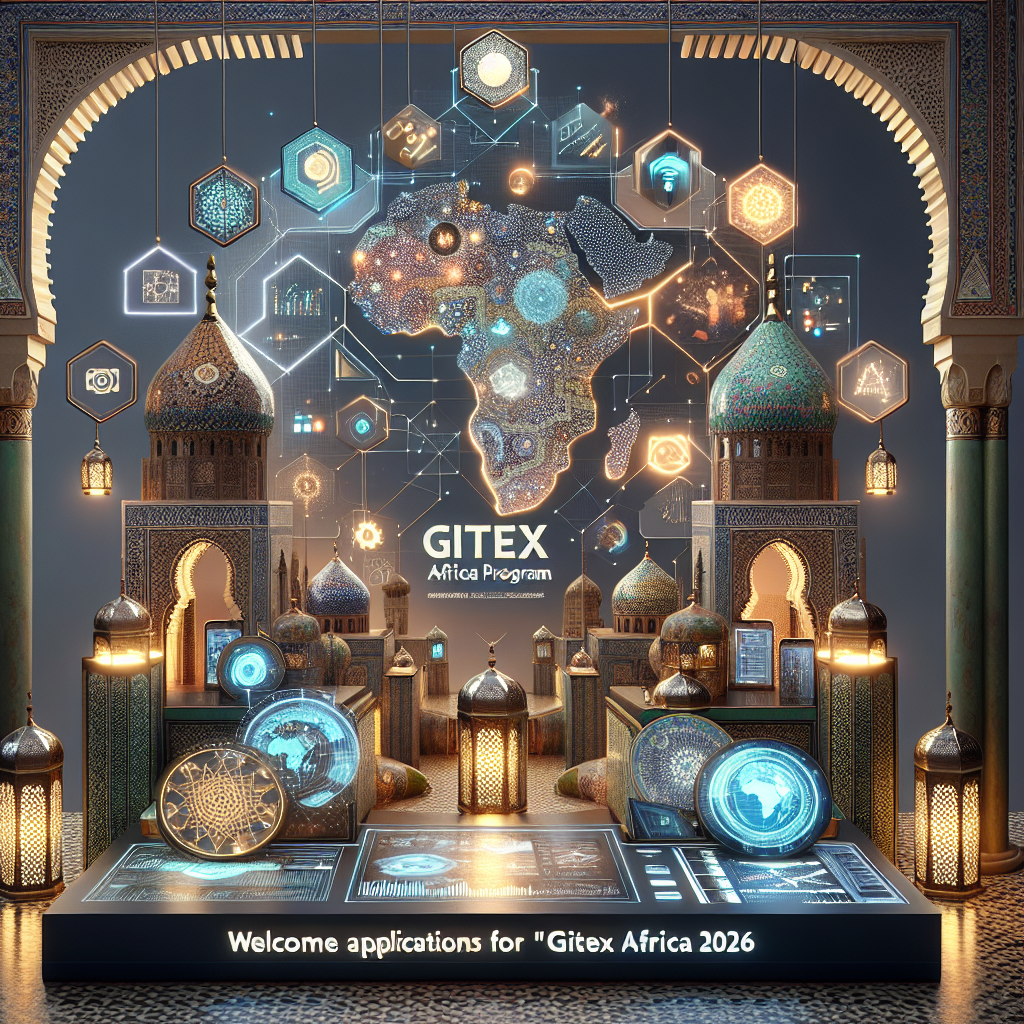 Futuristic digital map of Africa with technology icons highlighting Morocco 300 startups and GITEX Africa 2026 applications.