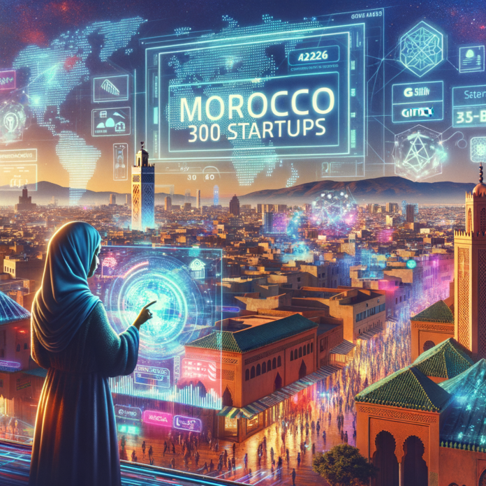 Futuristic digital interface highlighting Morocco 300 startups over a vibrant Marrakech cityscape at sunset for GITEX Africa