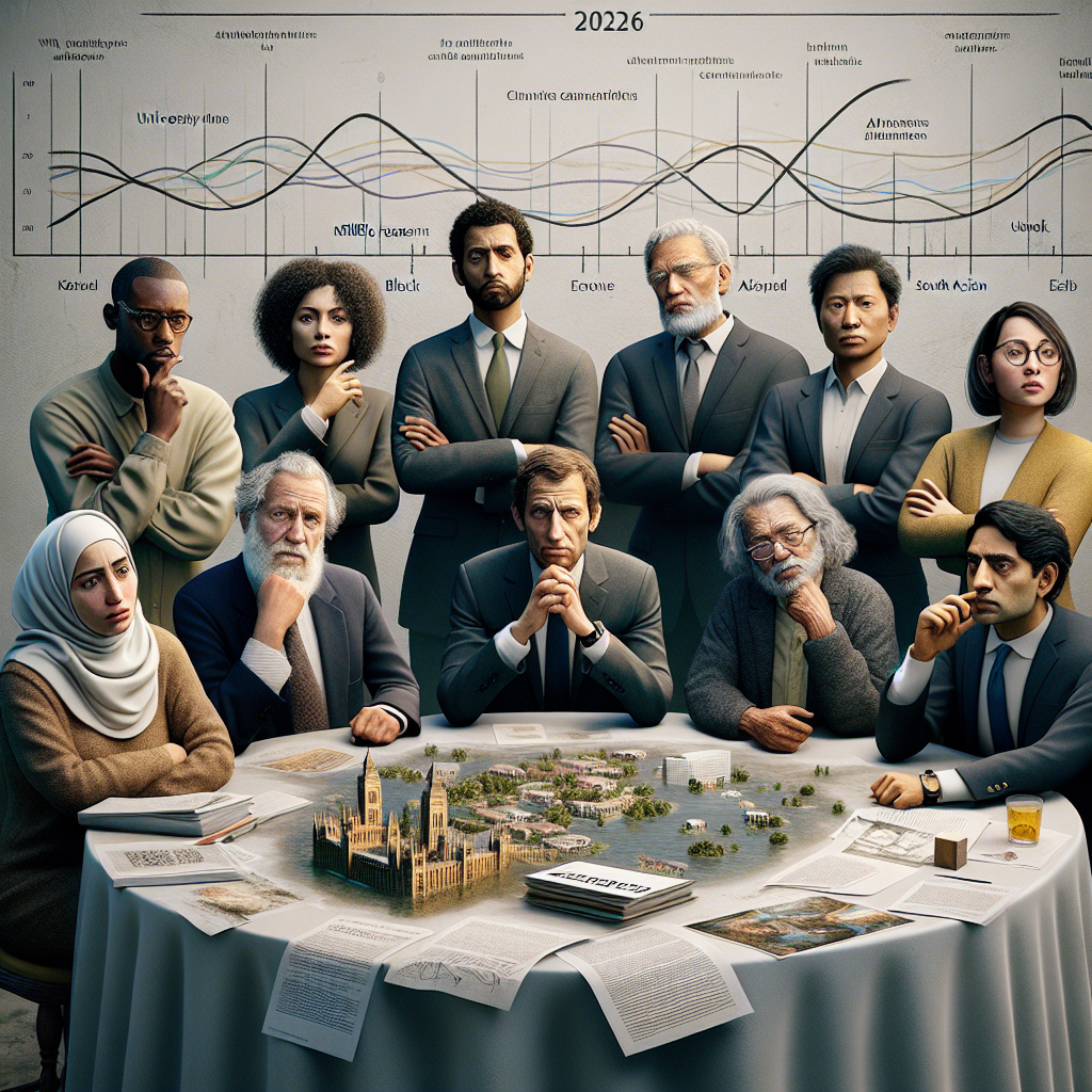 Diverse professionals examine urban planning model with data charts, discussing floods, university issues, and public freedom