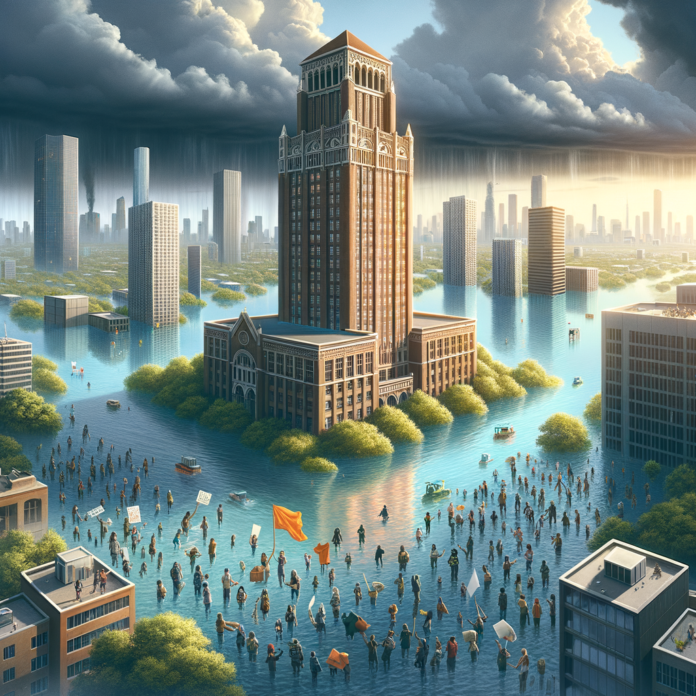 People wading through floodwaters in a city with a tall building, highlighting impacts on university and public freedoms.