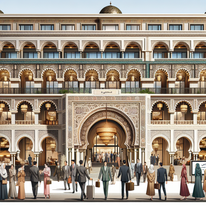 Luxurious Pullman Casablanca Bouskoura hotel entrance with intricate Islamic design and guests arriving, opening late 2026.