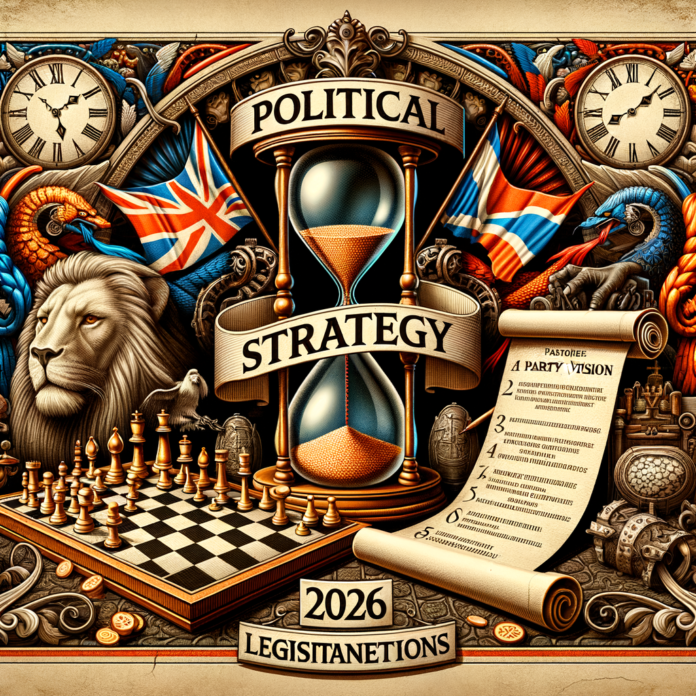 Illustration of electoral strategy with hourglass, chessboard, British flags, and legislative documents symbolizing Istiqlal'