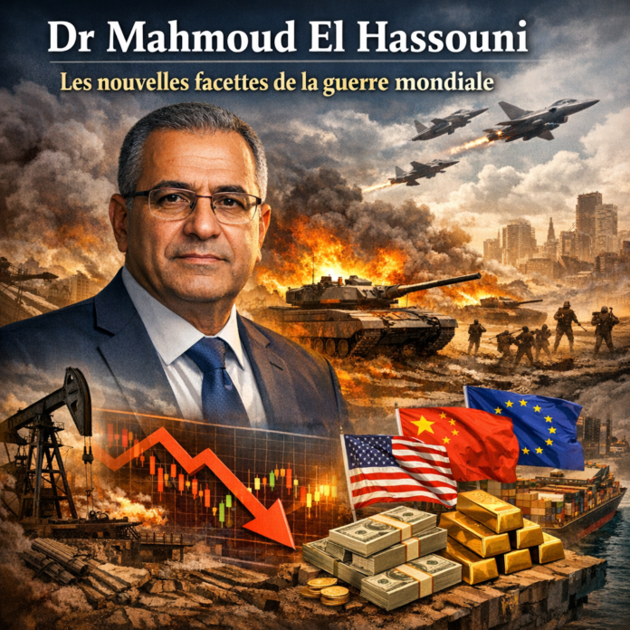 Portrait of Dr. Mahmoud El Hassouni with themes of global war, economic decline, and international flags in the background.