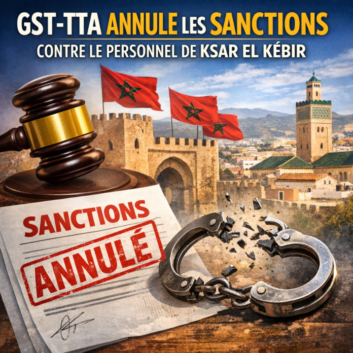 Announcement of GST-TTA canceling sanctions for Ksar El Kébir personnel, featuring Moroccan flags and judicial symbols.