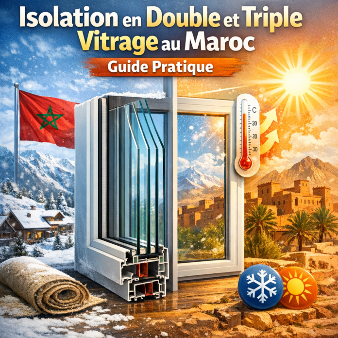Guide sur l'isolation en double et triple vitrage au Maroc, illustrant des fenêtres écoénergétiques.