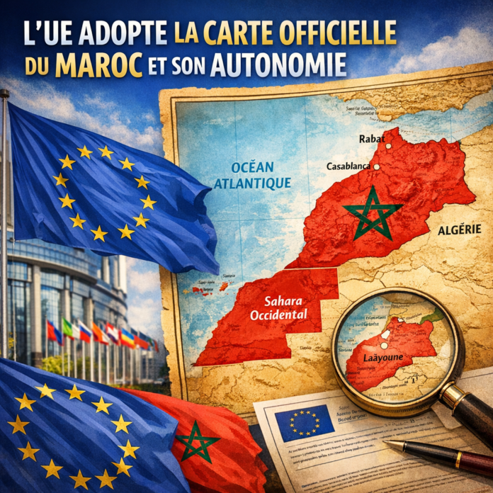 Official EU adoption of Morocco's map, highlighting Western Sahara and its status of autonomy.