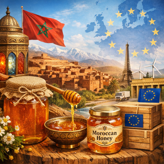 Moroccan honey export concept featuring the Moroccan flag, EU symbols, and traditional elements.