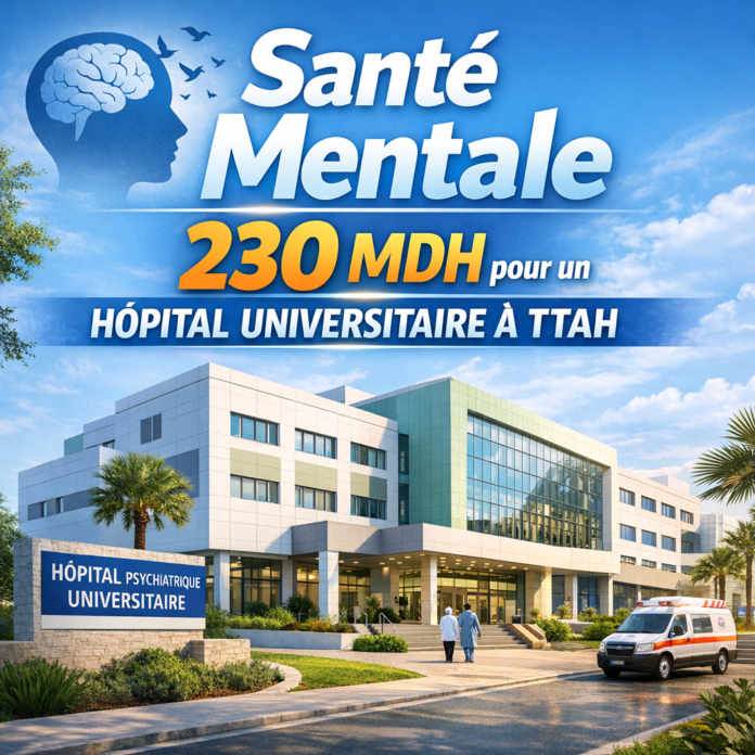 Modern psychiatric hospital building highlighting 230 MDH investment in mental health services.