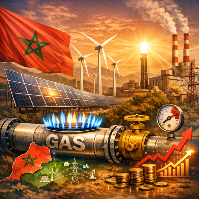 Image showing Morocco's energy sector with gas, solar panels, wind turbines, and power plants, highlighting economic growth.