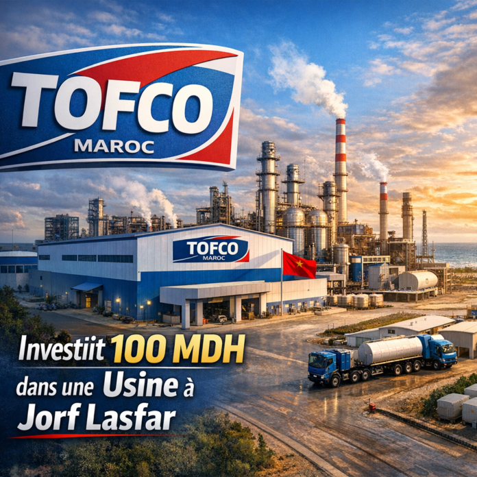 Industrial refinery plant of TOFCO Maroc in Jorf Lasfar, highlighting investment announcement.